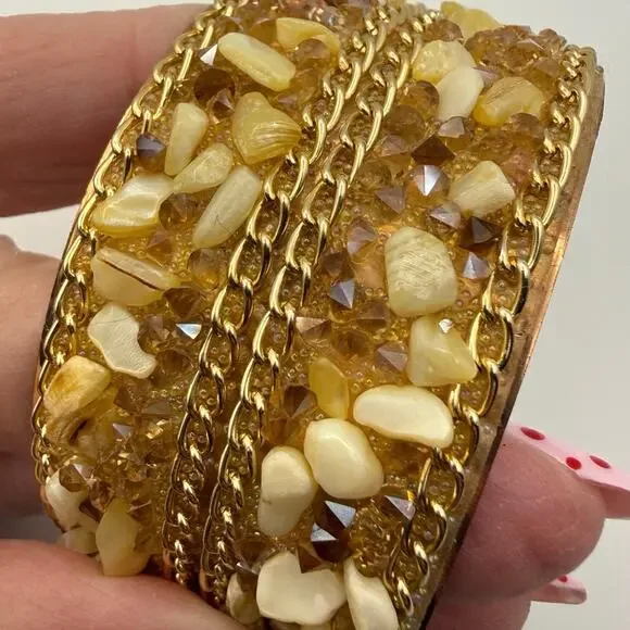 Vintage Gold‑Tone Beaded Bangle • Cream Resin & Amber Rhinestones • 2.75” Diam - Picture 3 of 9